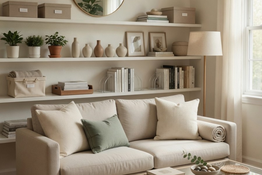 Calm, clutter-free living room with tidy shelving